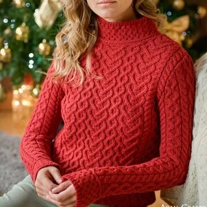 Aran Mor Hearts High Mock Neck Cable Knit Sweater Small Red